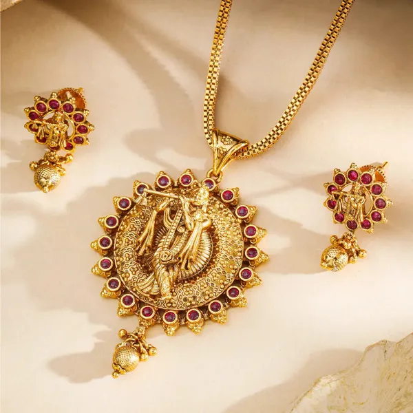Krishna_Gold_Plated_Pendant_Set_T_57_Red