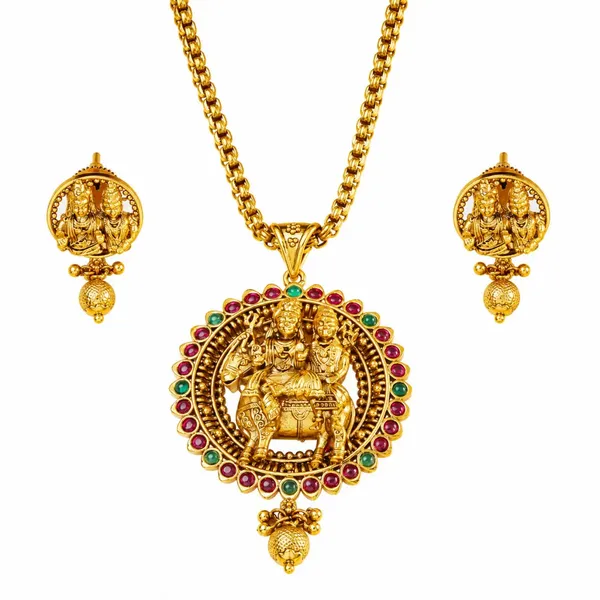 Divine_Shiv_Parvati_Gold_Plated_Pendant_Set_T_55_Green
