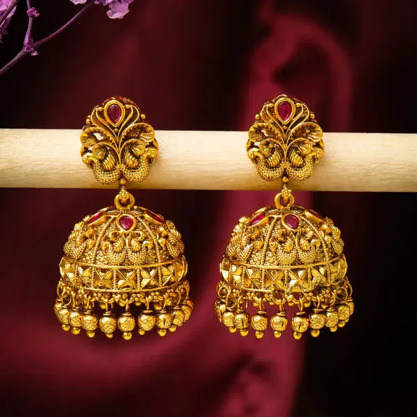 Majestic_Peacock_Antique_Gold_Plated_Jhumka_R_1126_Red