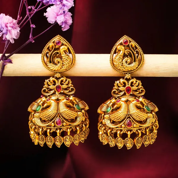 Antique_Finish_Peacock_Gold_Plated_Jhumka_R_1177_Red