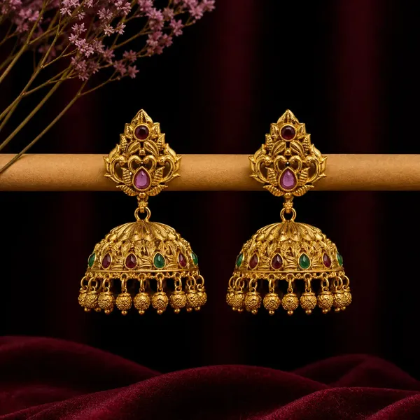 Antique_Finish_Flower_Petal_Gold_Plated_Jhumka_V_328_Red