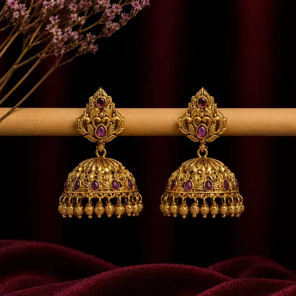 Antique_Finish_Flower_Petal_Gold_Plated_Jhumka_V_328_Green