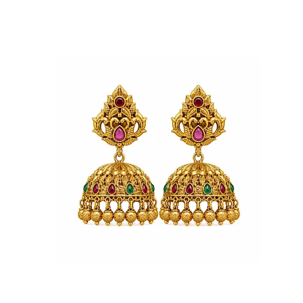 Antique_Finish_Flower_Petal_Gold_Plated_Jhumka_V_328_Green
