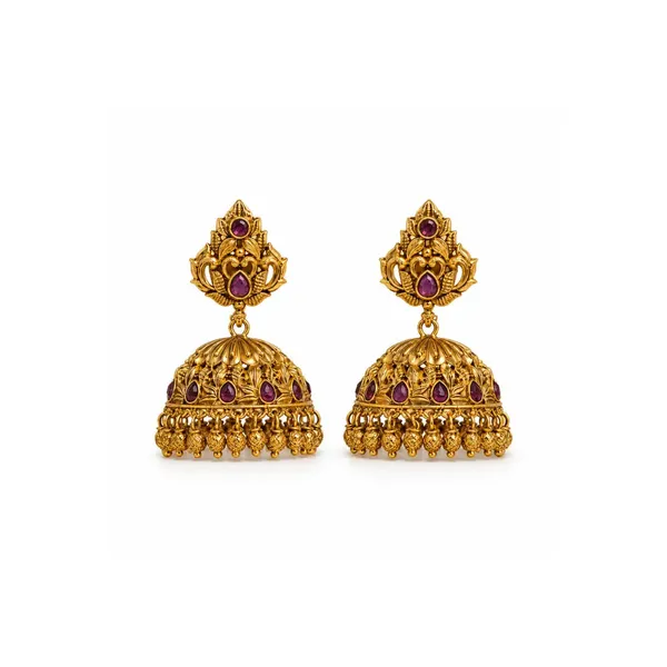 Antique_Finish_Flower_Petal_Gold_Plated_Jhumka_V_328_Green