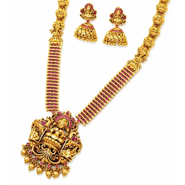 Antique_Gold_Lakshmi_Lotus_Long_Necklace_Set_P_1113_Red
