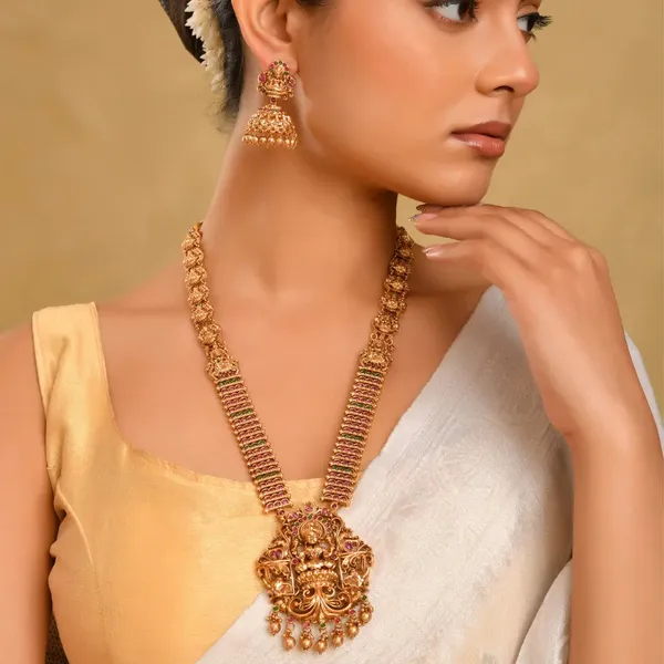 Antique_Gold_Lakshmi_Lotus_Long_Necklace_Set_P_1113_Red