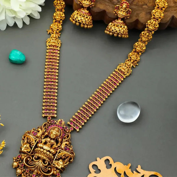 Antique_Gold_Lakshmi_Lotus_Long_Necklace_Set_P_1113_Red