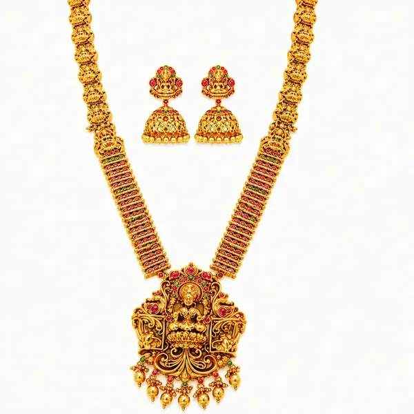 Antique_Gold_Lakshmi_Lotus_Long_Necklace_Set_P_1113_Red