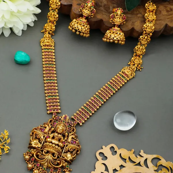 Antique_Gold_Lakshmi_Lotus_Long_Necklace_Set_P_1113_Green