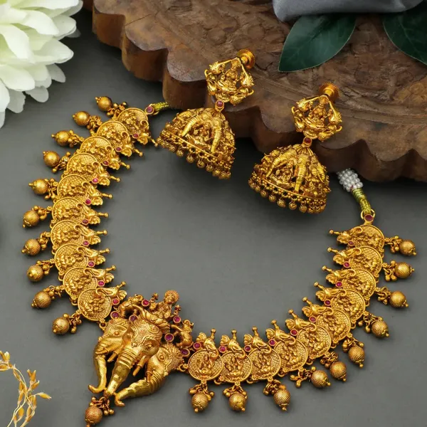 Elephant_Lakshmi_Temple_Short_Necklace_Set_Antique_Finish_K_629_Red