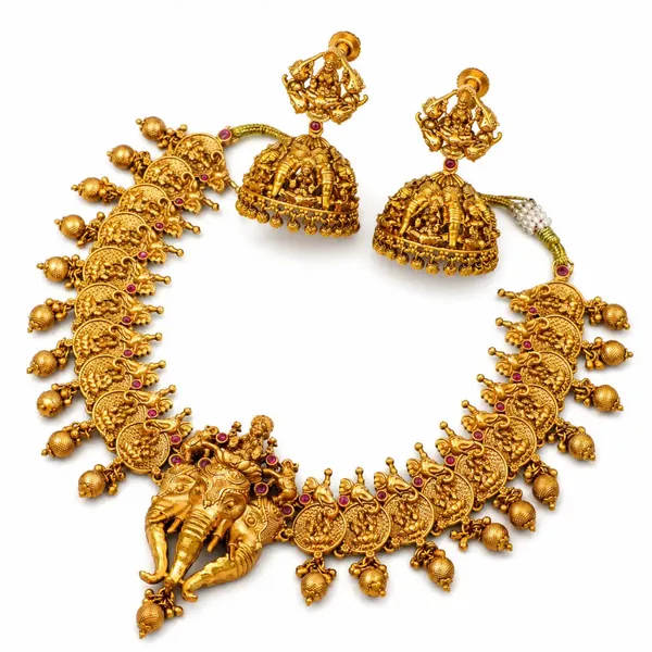 Elephant_Lakshmi_Temple_Short_Necklace_Set_Antique_Finish_K_629_Green