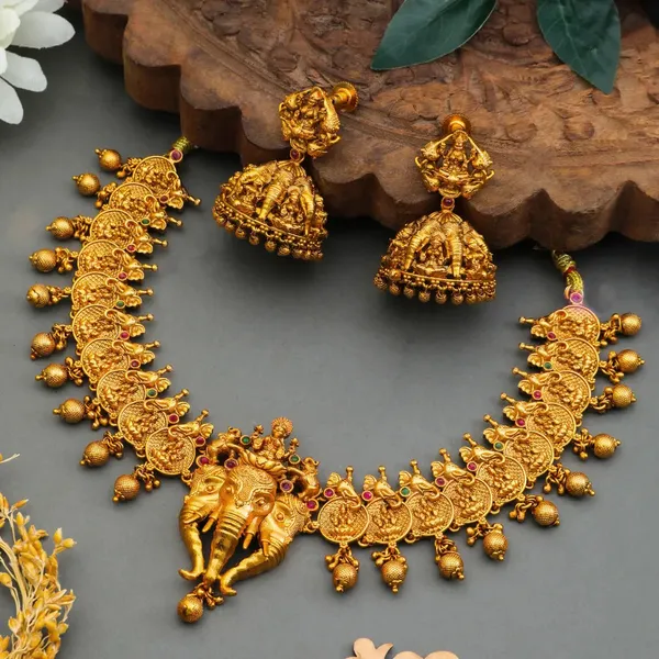 Elephant_Lakshmi_Temple_Short_Necklace_Set_Antique_Finish_K_629_Green