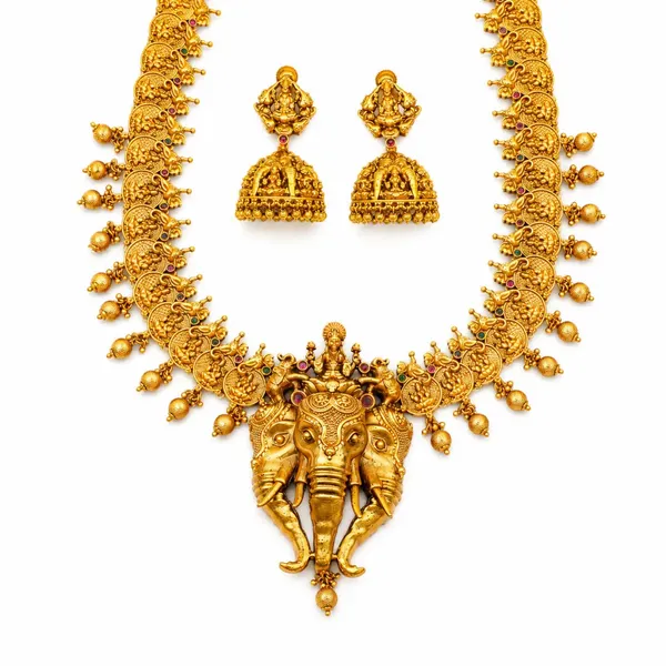 Antique_Gold_Lakshmi_Elephant_Necklace_Set_K_630_Red
