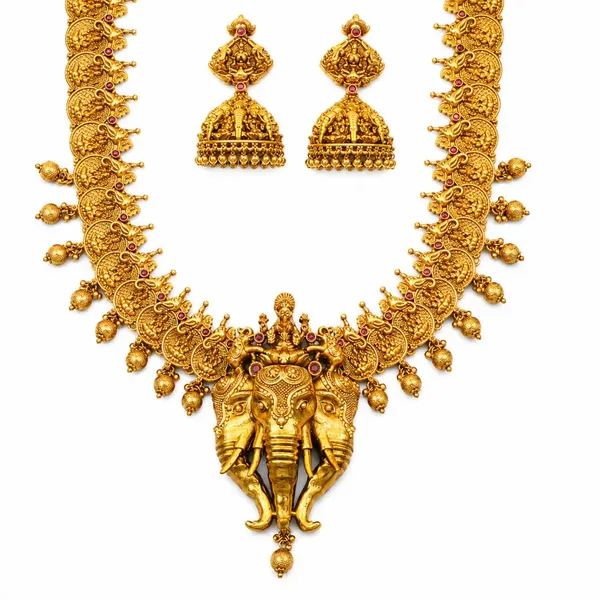 Antique_Gold_Lakshmi_Elephant_Necklace_Set_K_630_Red