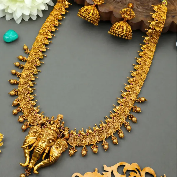 Antique_Gold_Lakshmi_Elephant_Necklace_Set_K_630_Red