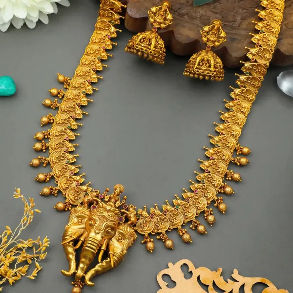 Antique_Gold_Lakshmi_Elephant_Necklace_Set_K_630_Green