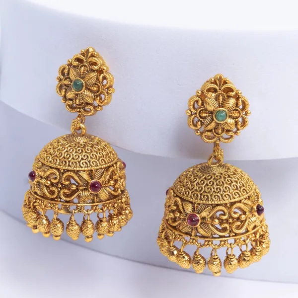 Antique_Gold_Plated_Temple_Jhumka_R_859_Green