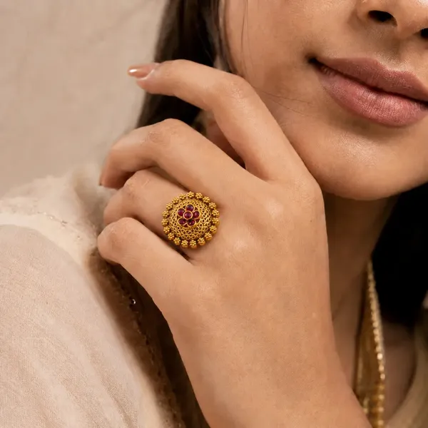 South_Indian_Gold_Plated_Flower_Ring_V_1986_Red