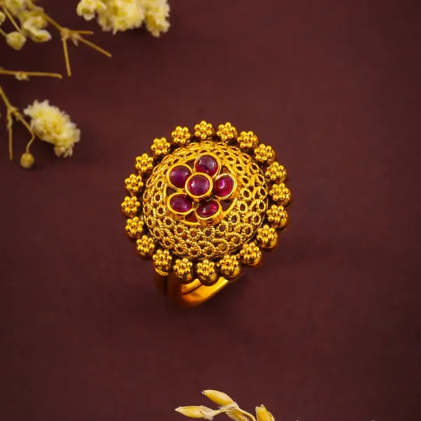 South_Indian_Gold_Plated_Flower_Ring_V_1986_Red