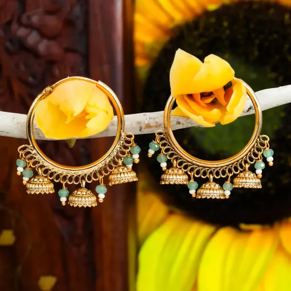 Antique_Gold_Plated_Bali_With_Three_Jhumka_T_27_Green