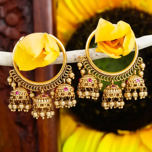 Antique_Gold_Plated_Bali_With_Three_Jhumka_T_29_Red