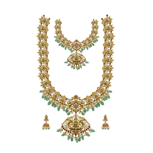 Antique_Lakshmi_Temple_Combo_Necklace_Set_With_Green_Beads_L_90_Red