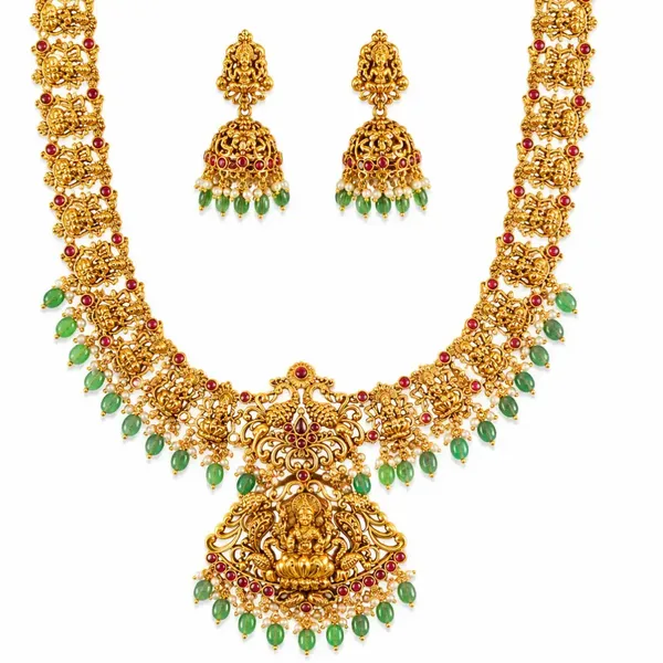 Antique_Lakshmi_Temple_Combo_Necklace_Set_With_Green_Beads_L_90_Red