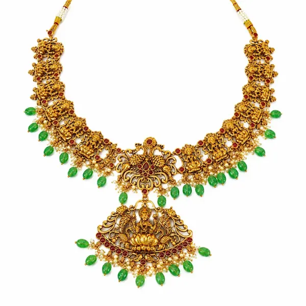 Antique_Lakshmi_Temple_Combo_Necklace_Set_With_Green_Beads_L_90_Red