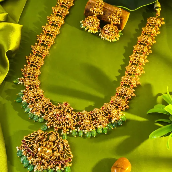 Antique_Lakshmi_Temple_Long_Necklace_Set_With_Green_Beads_L_91_Red