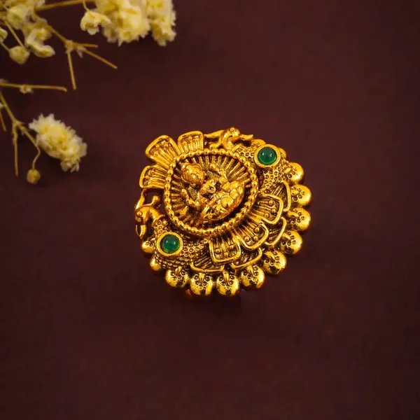 South_Indian_Laxmi_Gold_Plated_Antique_Ring_V_1984_Green