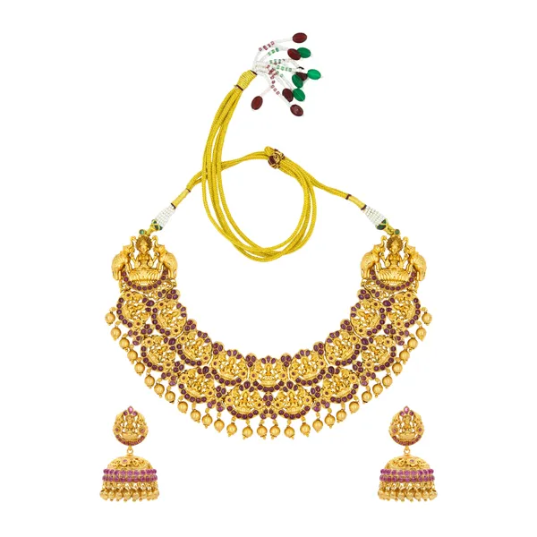 Ruby_Stone_Lakshmi_Temple_Short_Necklace_Set_R_528_Red
