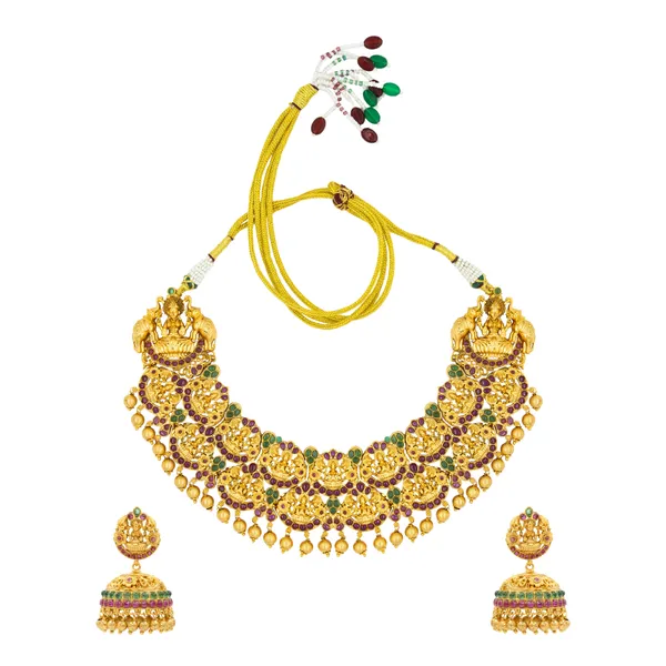Ruby_Stone_Lakshmi_Temple_Short_Necklace_Set_R_528_Green