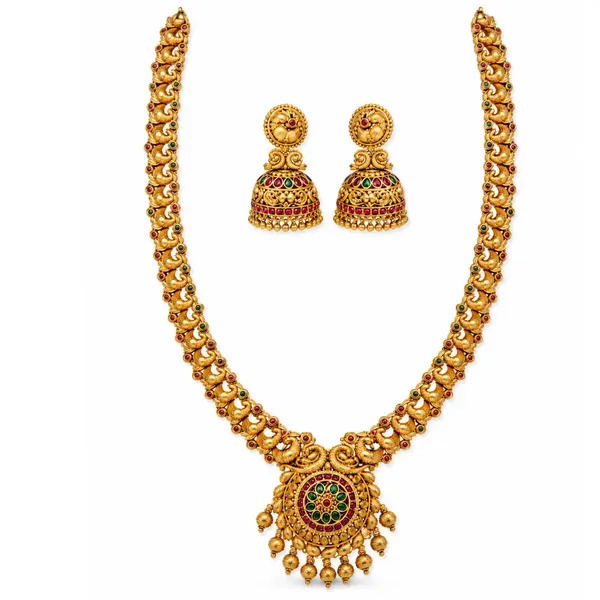 Peacock_Elegance_Gold_Plated_Long_Necklace_Set_K_1152_Red