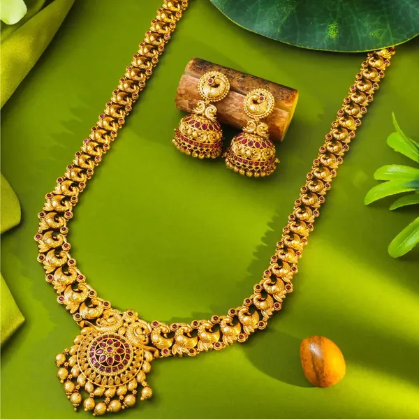 Peacock_Elegance_Gold_Plated_Long_Necklace_Set_K_1152_Red