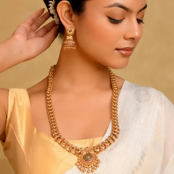 Peacock_Elegance_Gold_Plated_Long_Necklace_Set_K_1152_Red