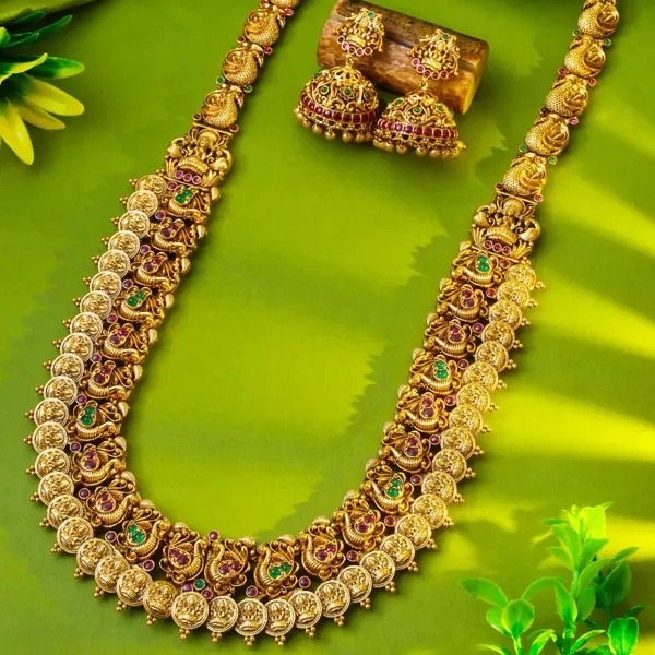 Gold_Plated_Peacock_Motif_Long_Necklace_Set_N_35_Green