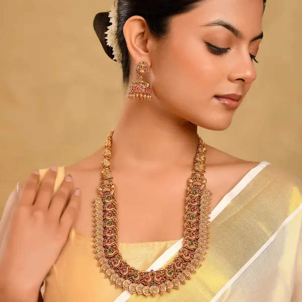 Gold_Plated_Peacock_Motif_Long_Necklace_Set_N_35_Green