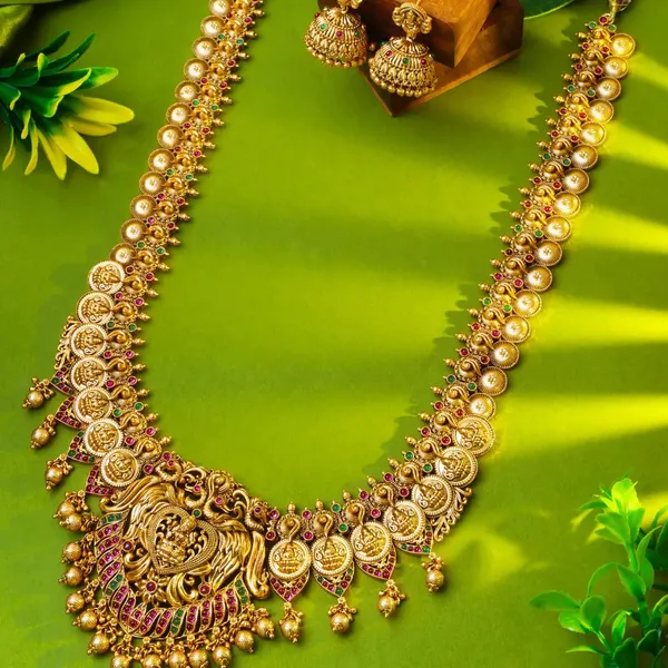Premium_Gold_Plated_Laxmi_Temple_Long_Necklace_Set_K_1315_Green