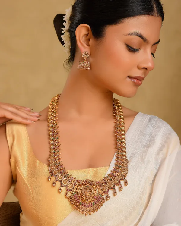 Premium_Gold_Plated_Laxmi_Temple_Long_Necklace_Set_K_1315_Green