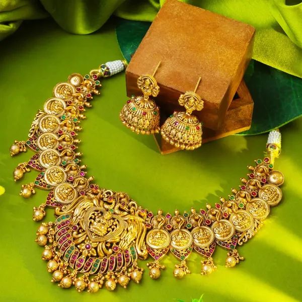 Antique_Laxmi_Gold_Plated_Short_Necklace_Set_K_1314_Green