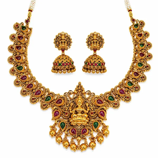Antique_Laxmi_Gold_Plated_Short_Necklace_Set_V_690_Green