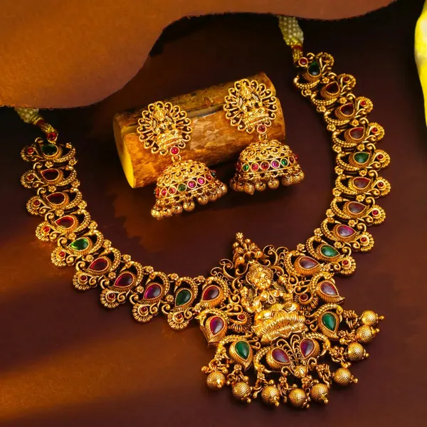 Antique_Laxmi_Gold_Plated_Short_Necklace_Set_V_690_Green