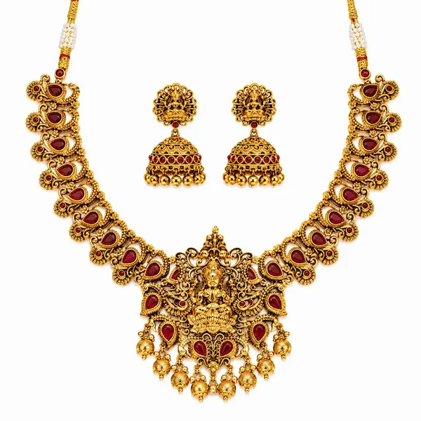 Antique_Laxmi_Gold_Plated_Short_Necklace_Set_V_690_Green