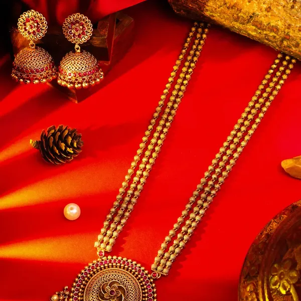Antique_Temple_Pendant_Set_Traditional_Gold_Plated_V_642_Red