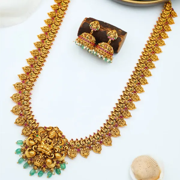 Gold_Plated_Traditional_Laxmi_Long_Necklace_Set_N_888_Red