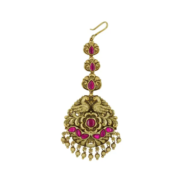 Antique_Gold_Plated_Maang_Tikka_With_Pink_Stones_R_1775_Red