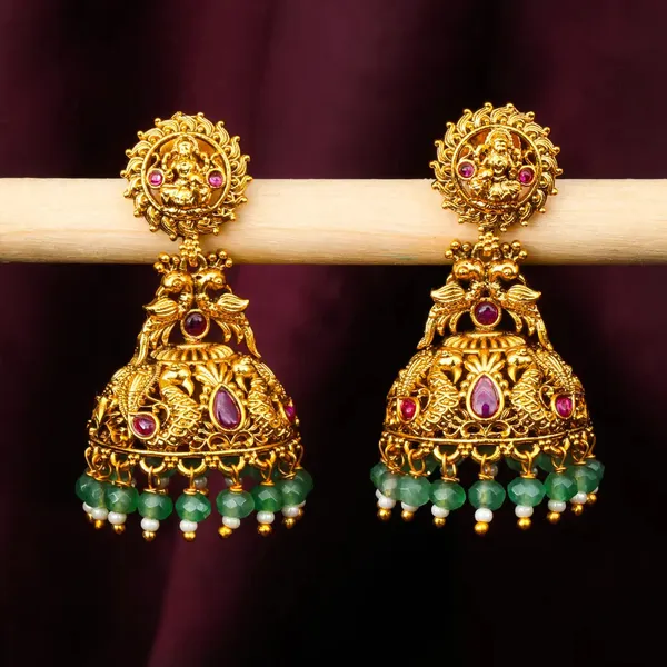 Temple_Jhumka_Earrings_With_Laxmi_Motif_Green_Beads_V_562_Red