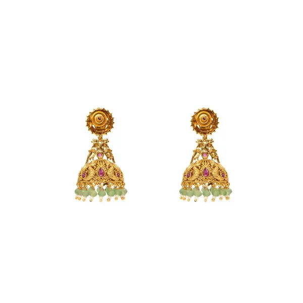 Temple_Jhumka_Earrings_With_Laxmi_Motif_Green_Beads_V_562_Green