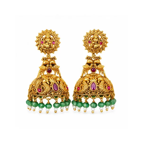 Temple_Jhumka_Earrings_With_Laxmi_Motif_Green_Beads_V_562_Green