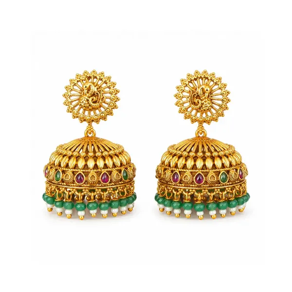 Temple_Jhumka_Earrings_With_Pink_Stones_Green_Beads_R_2233_Red